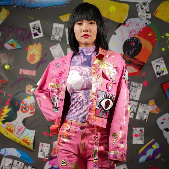 Upcycled Pink Denim Jacket and Jeans Set – Festival Outfit, Size M/26 - Picture 1 of 12